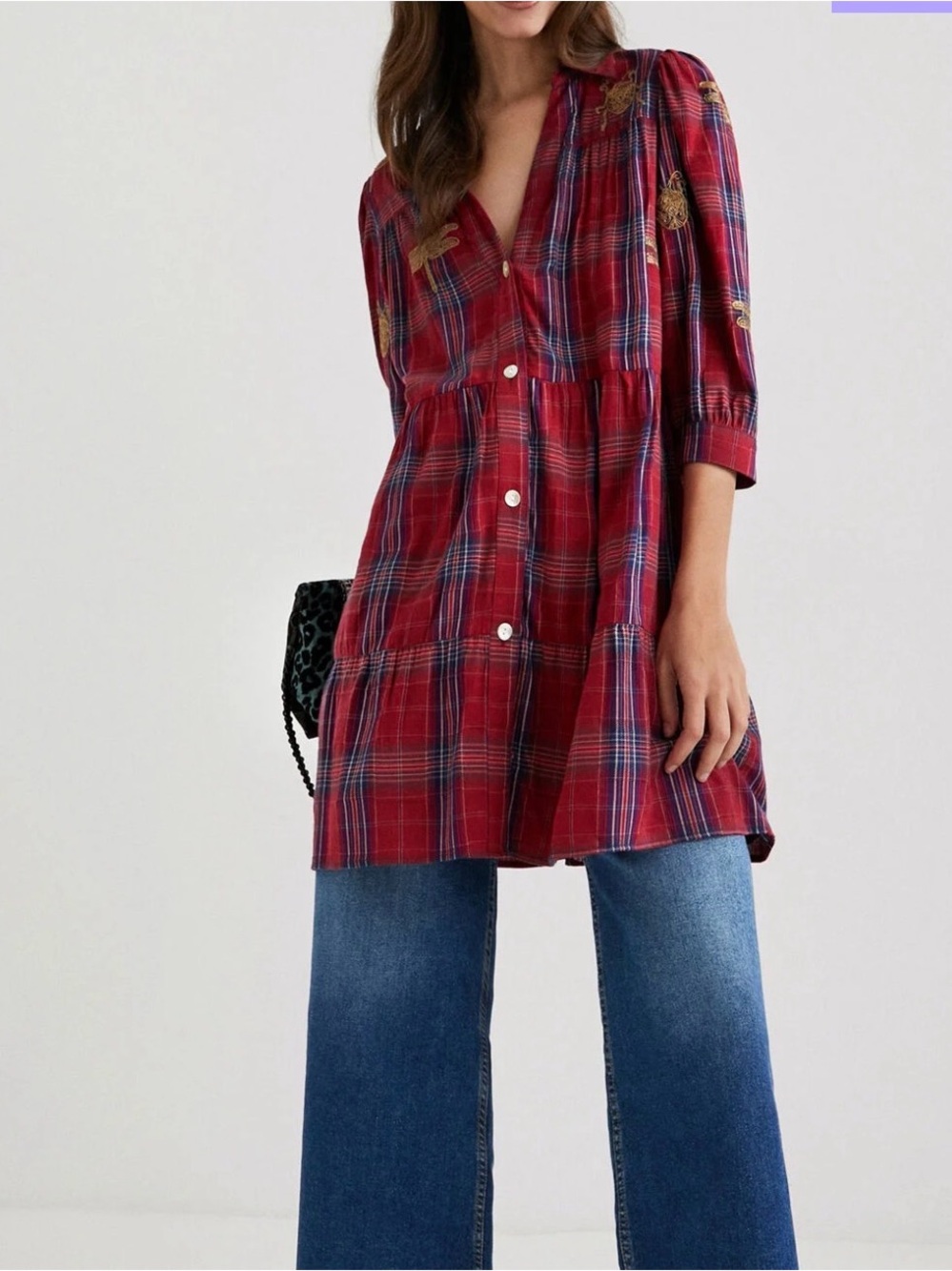 Desigual Red Plaid tartan Button-Tiered Tunic bugs Embroidery sz small